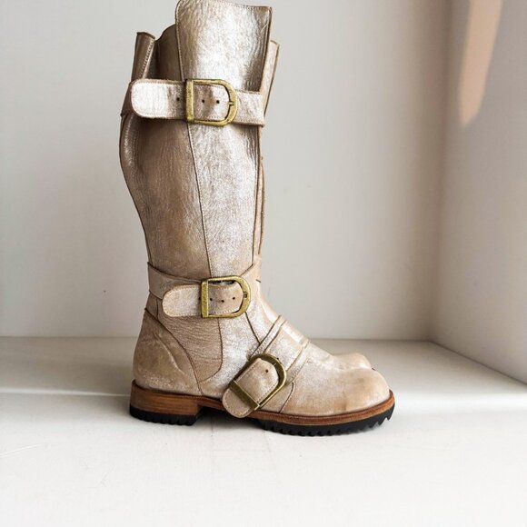 Jim Barnier Light Beige Suede Antique Gold Finish KNee High Boots 9 - Picture 2 of 9